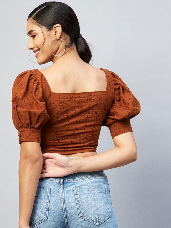 Delan Puff Sleeve Eyelet Crop Top
