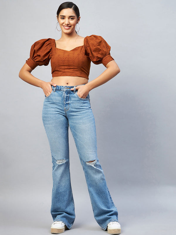 Delan Puff Sleeve Eyelet Crop Top
