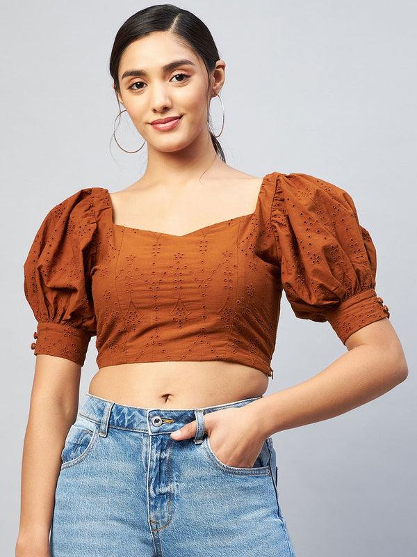 delan Puff Sleeve Eyelet Crop Top