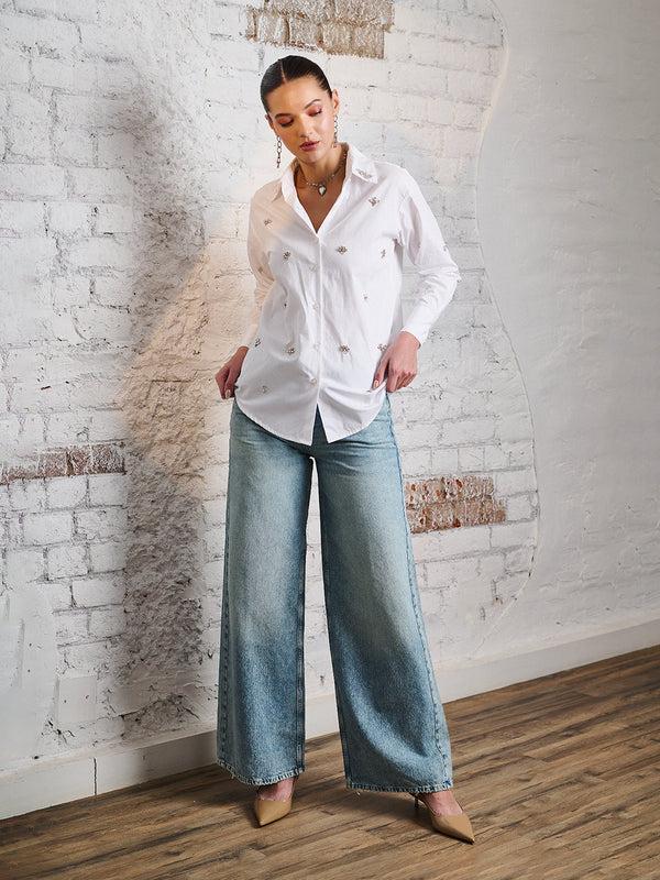 Delan Rhinestone Cotton Poplin Shirt