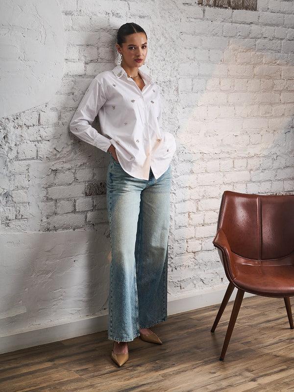 Delan Rhinestone Cotton Poplin Shirt
