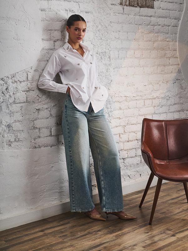 Delan Rhinestone Cotton Poplin Shirt