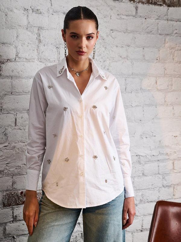 delan Rhinestone Cotton Poplin Shirt