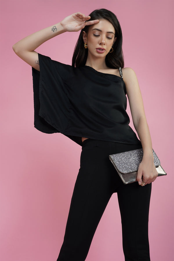 Delan Satin Rhinestone Strap One Shoulder Top