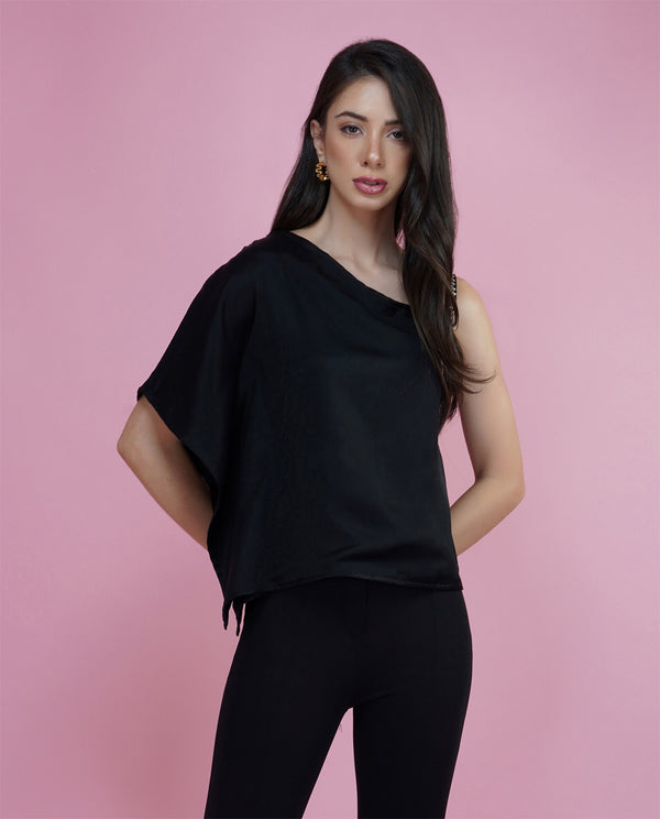 Delan Satin Rhinestone Strap One Shoulder Top