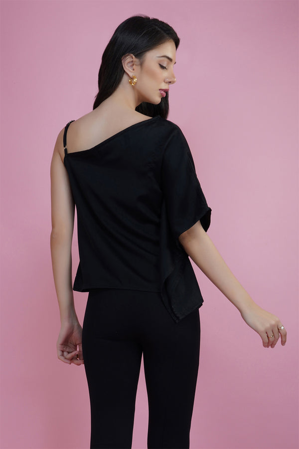 Delan Satin Rhinestone Strap One Shoulder Top