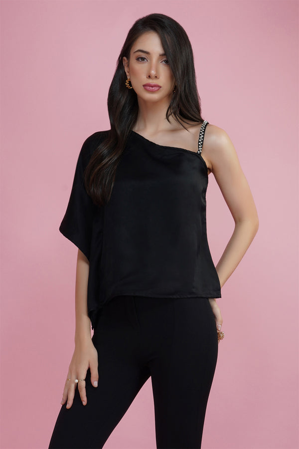 delan Satin Rhinestone Strap One shoulder Top