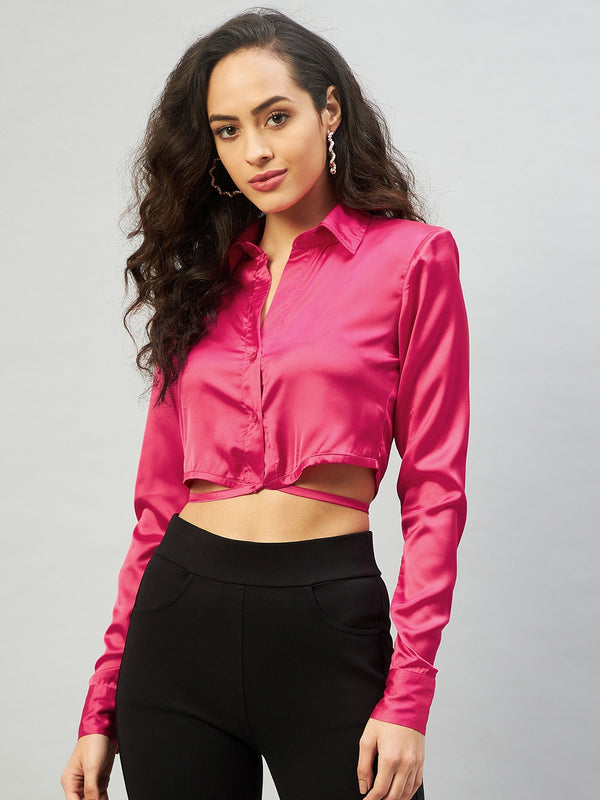 Delan Satin Solid Drawstring Crop Top
