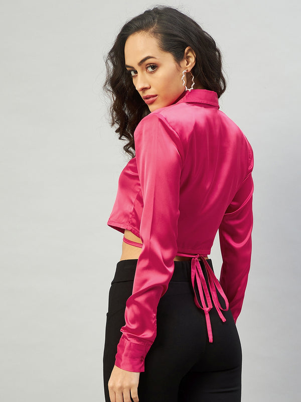 Delan Satin Solid Drawstring Crop Top