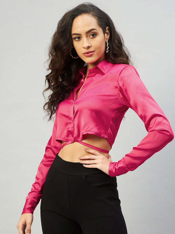 Delan Satin Solid Drawstring Crop Top