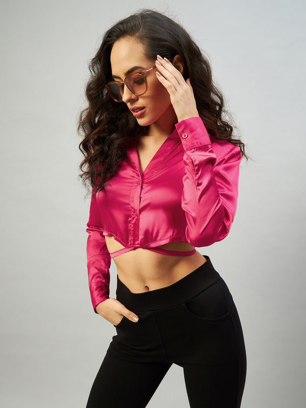 delan Satin solid drawstring crop top