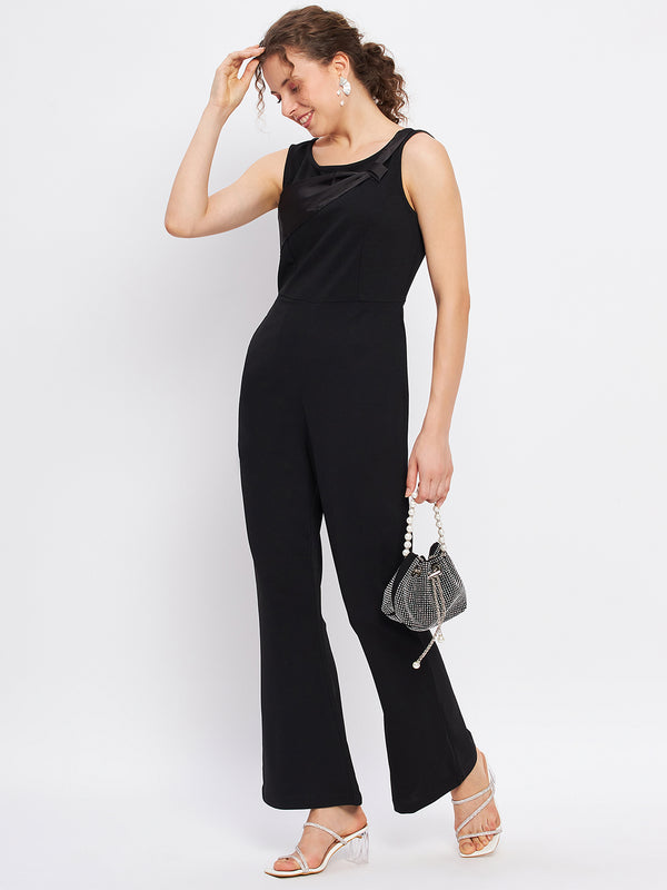 Delan Satin Trim Solid Boot Cut Black Jumpsuit