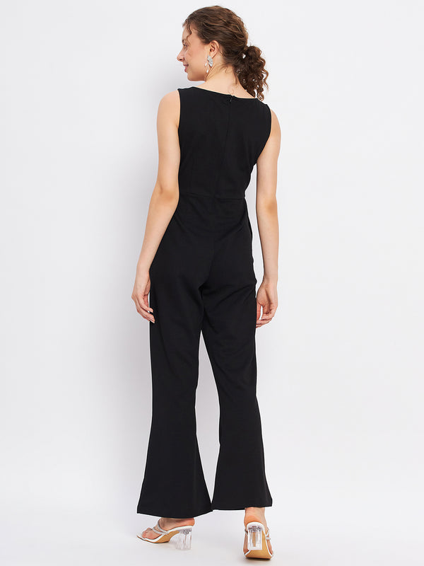 Delan Satin Trim Solid Boot Cut Black Jumpsuit