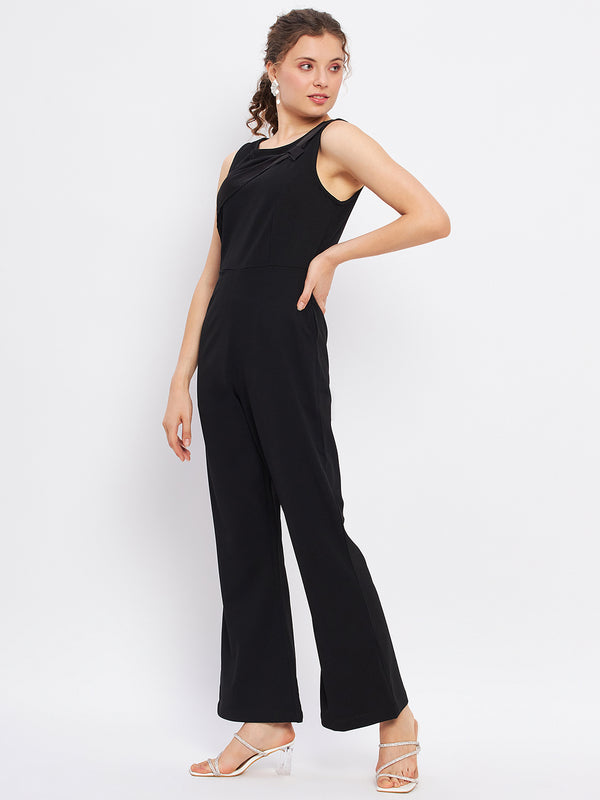 Delan Satin Trim Solid Boot Cut Black Jumpsuit
