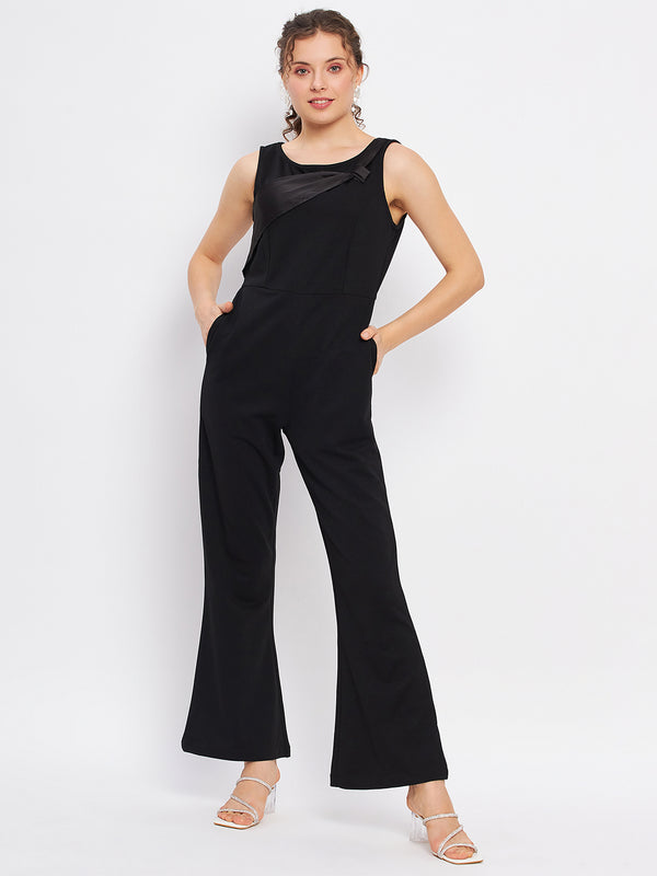 delan Satin Trim Solid Boot Cut Black Jumpsuit