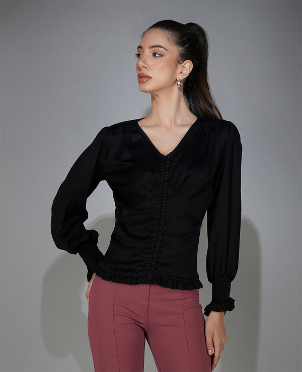 Delan Satin V Neck Smocked Top