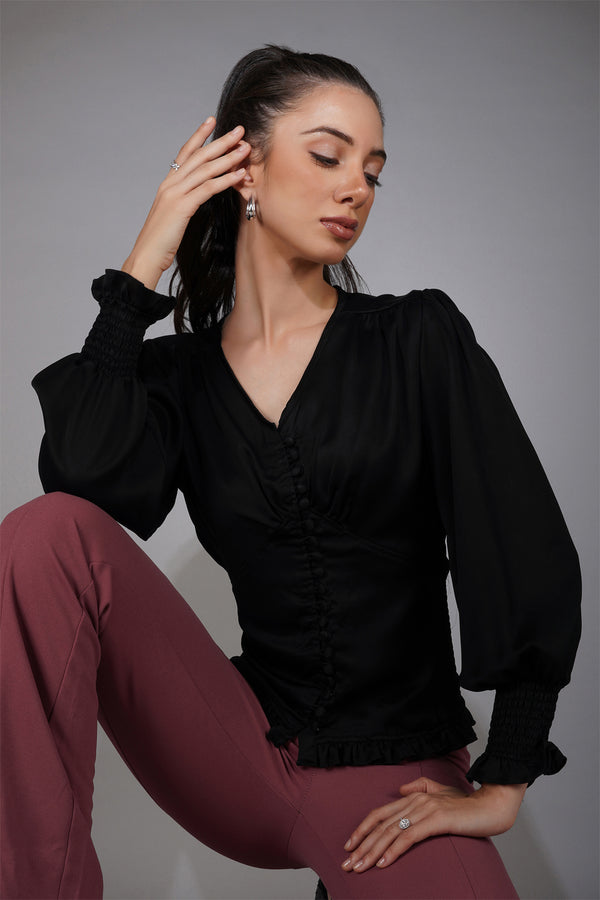 Delan Satin V Neck Smocked Top