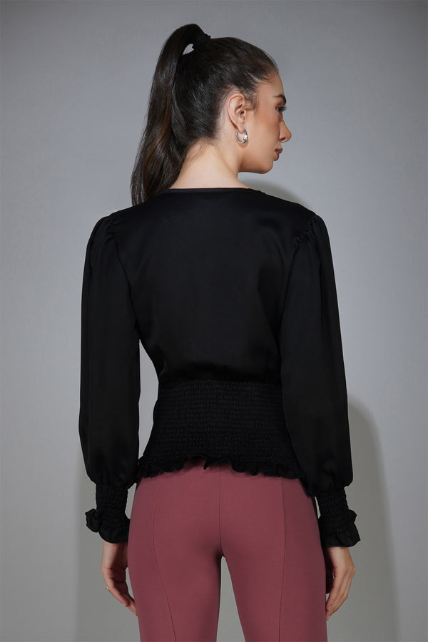 Delan Satin V Neck Smocked Top