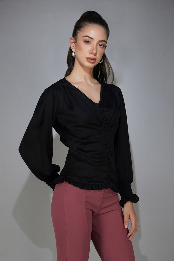 delan Satin V neck Smocked Top