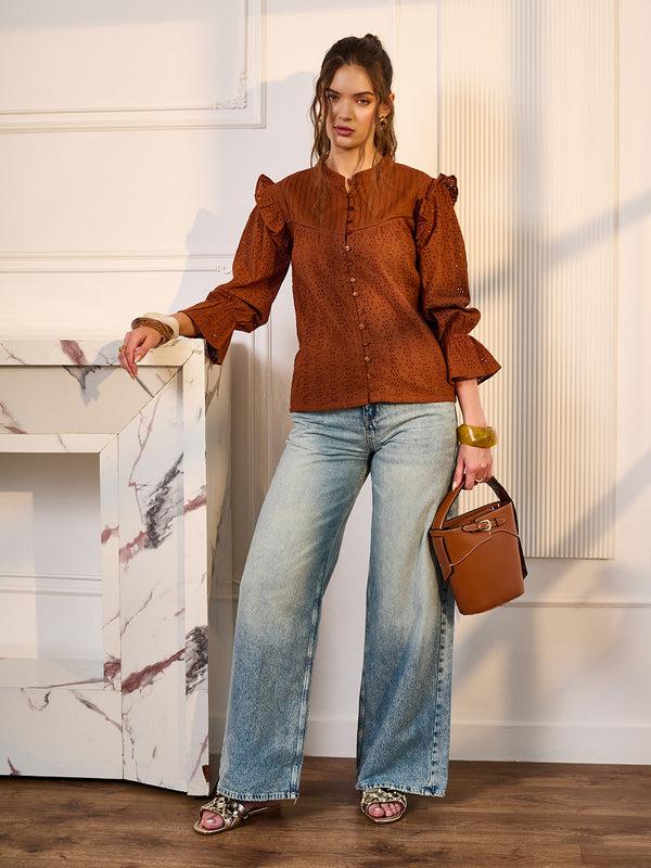 Delan Schiffli Pintucks Yoke Top