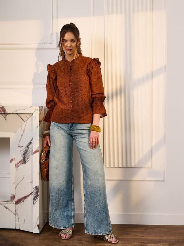 Delan Schiffli Pintucks Yoke Top