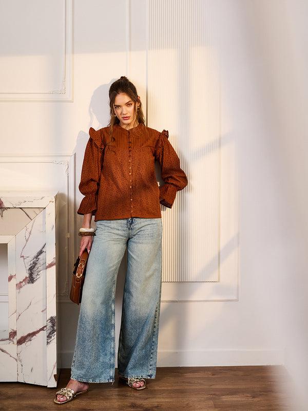 Delan Schiffli Pintucks Yoke Top