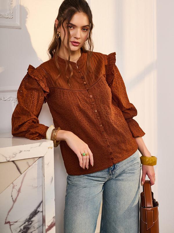 delan Schiffli Pintucks Yoke Top