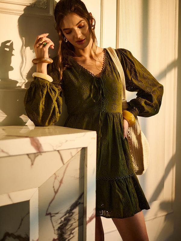 Delan Schiffli V-neck Short Dress