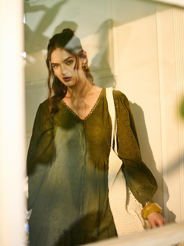 Delan Schiffli V-neck Short Dress