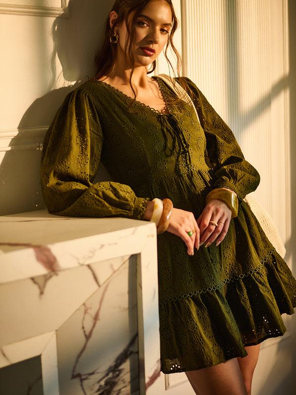 delan Schiffli V-neck Short Dress