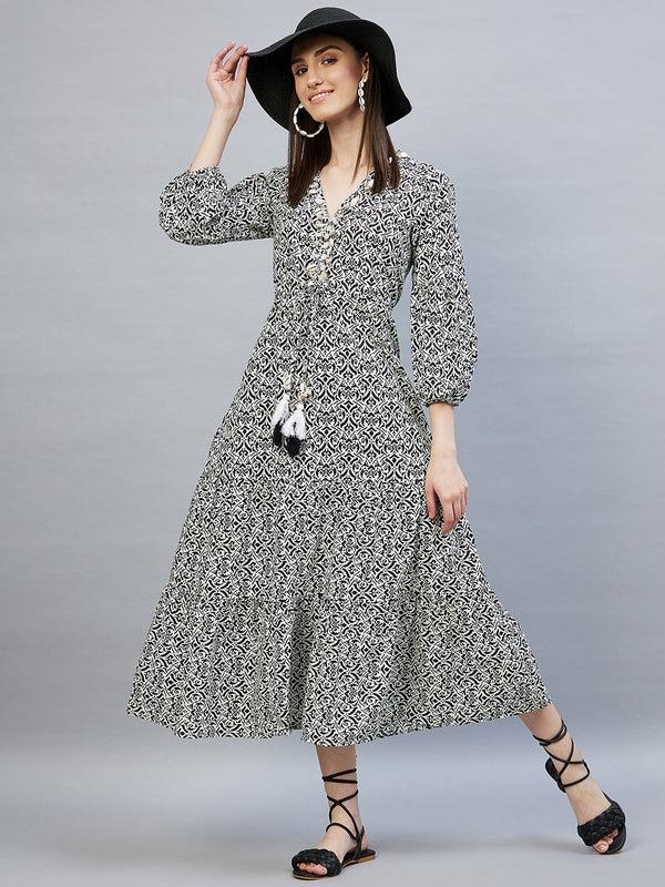 Delan Seashell Cotton Printed Panel Maxi Dress