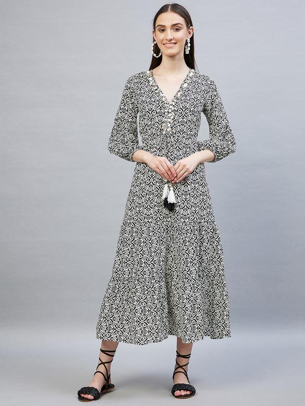 delan Seashell Cotton Printed Panel Maxi Dress