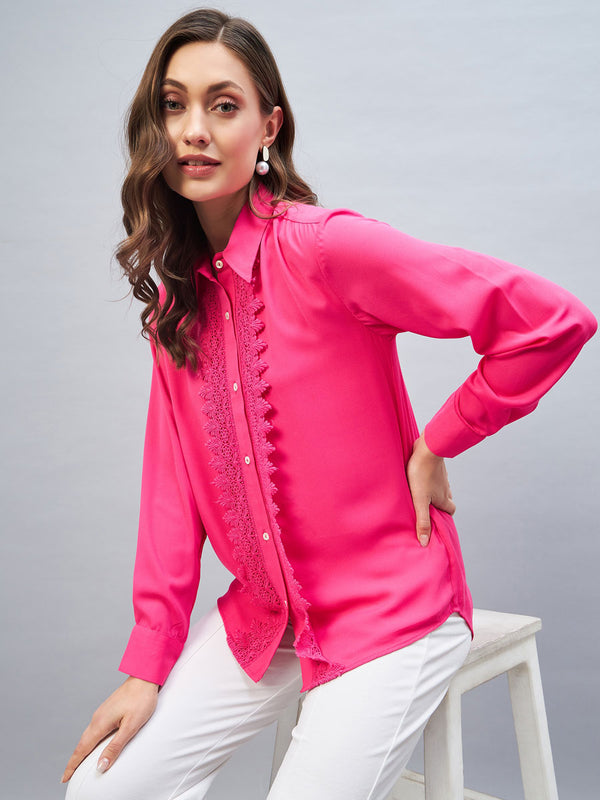 Delan Shirt Collar Placket Lace Up Shirt Style Top