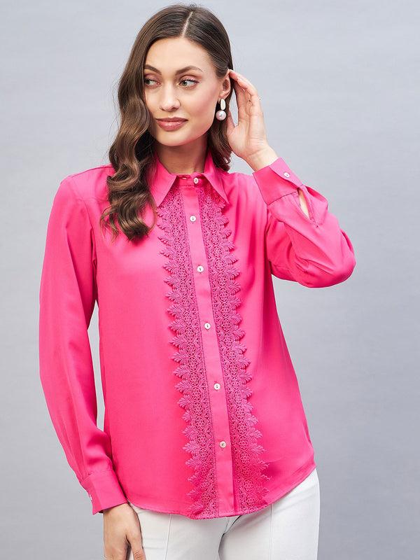 Delan Shirt Collar Placket Lace Up Shirt Style Top