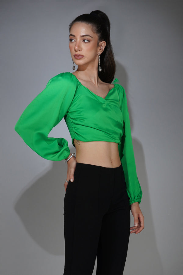 Delan Smocked Satin Wrap Crop Top
