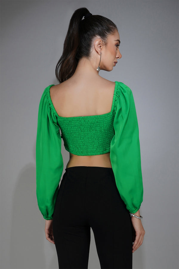 Delan Smocked Satin Wrap Crop Top