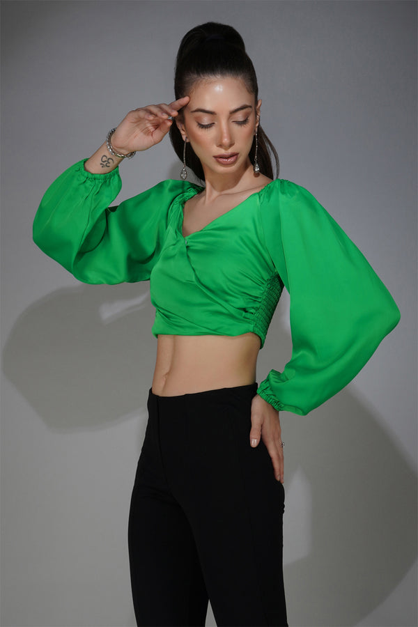Delan Smocked Satin Wrap Crop Top