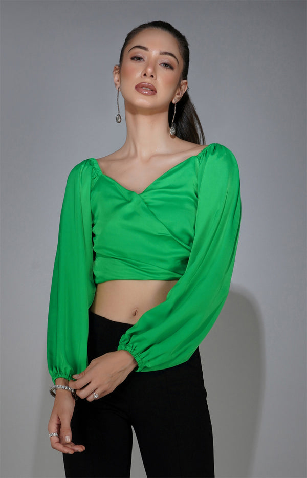 delan Smocked Satin Wrap Crop Top