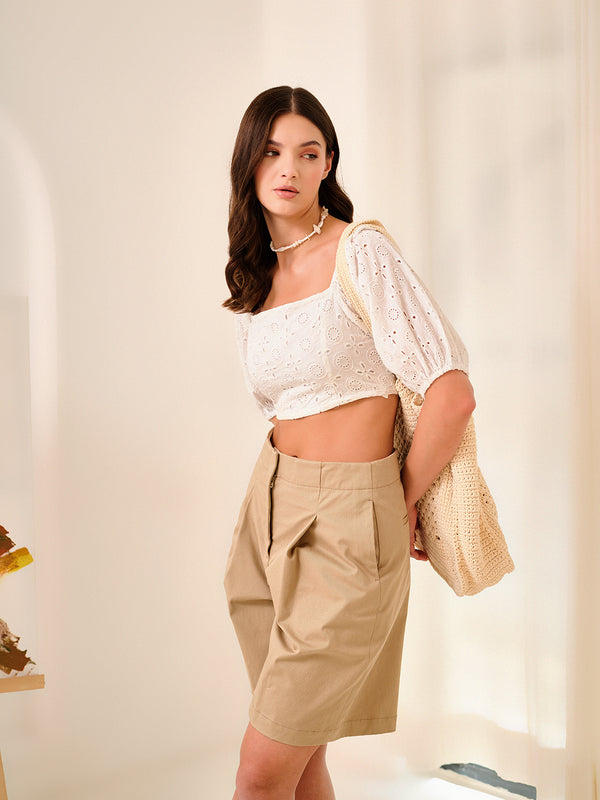 delan Square Neck Crop Top with Puff Sleeves