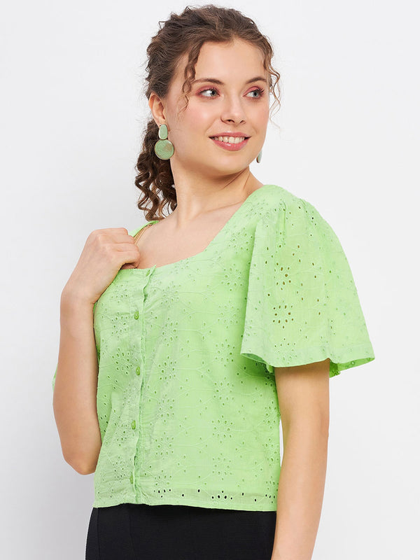 Delan Square Neck Schiffli Top