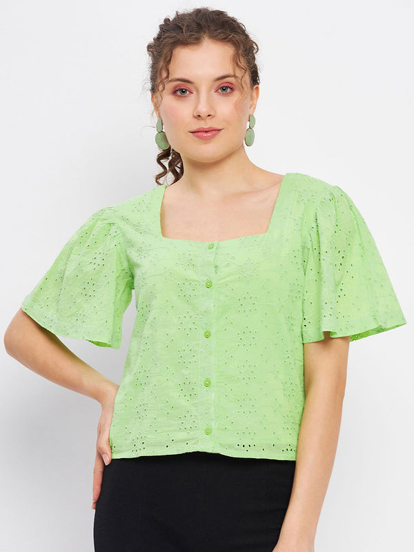 delan Square Neck Schiffli Top
