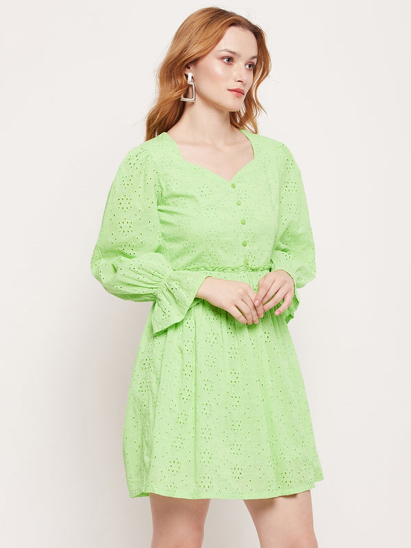 Delan Sweet Heart Neck Schiffli Dress