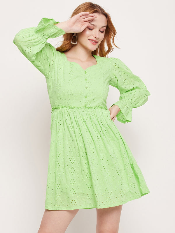 delan Sweet Heart Neck Schiffli Dress