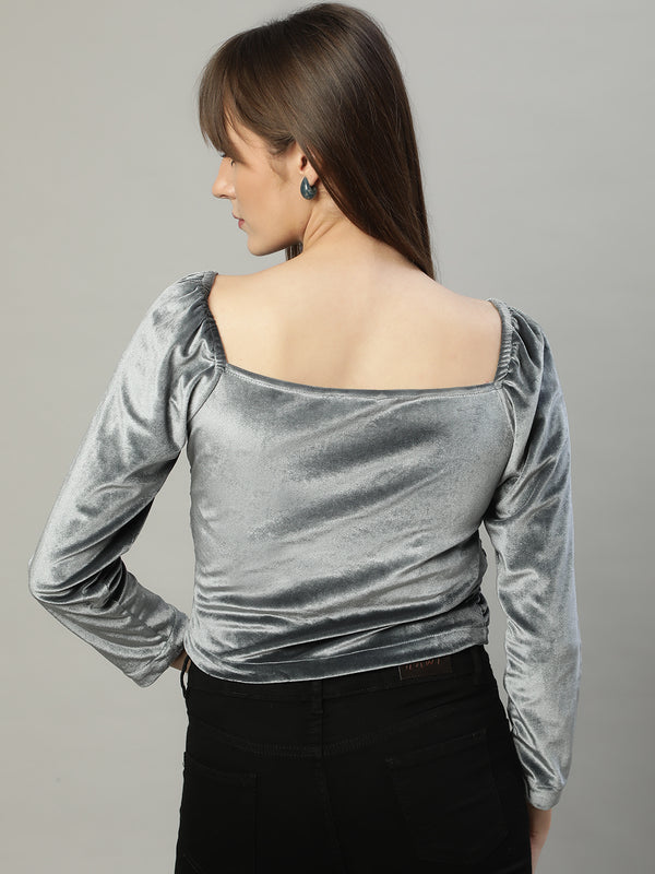 Delan Sweet Heart Neck Velvet Ruched Crop Top