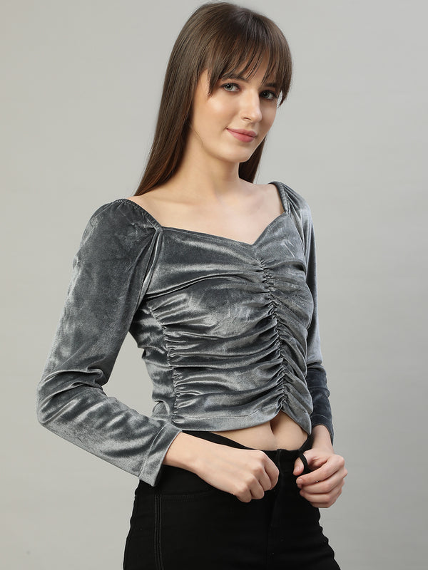 Delan Sweet Heart Neck Velvet Ruched Crop Top