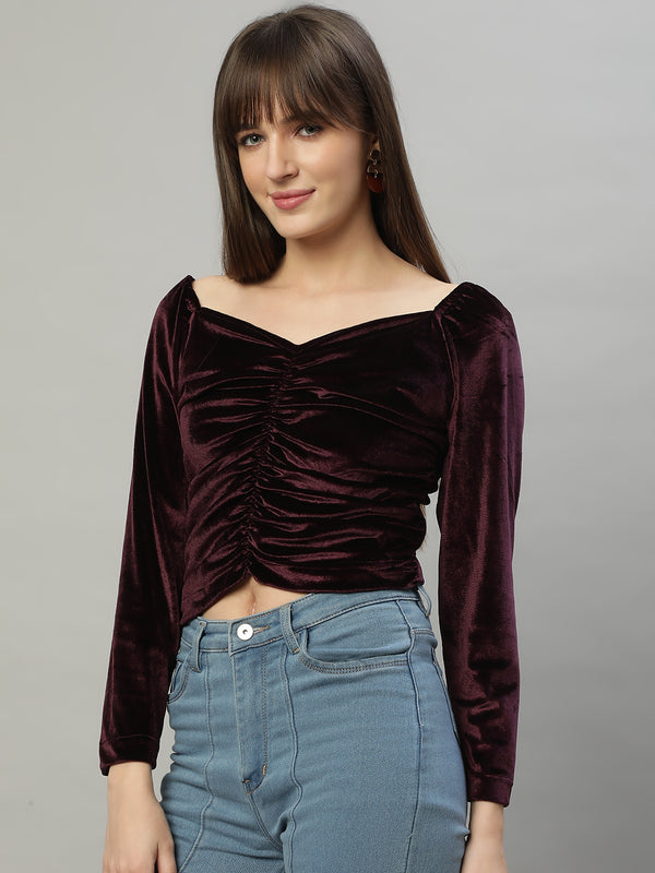 Delan Sweet Heart Neck Velvet Ruched Crop Top