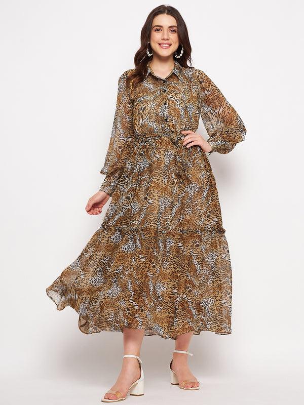 Delan Tiger Print Chiffon Tiered Maxi Dress