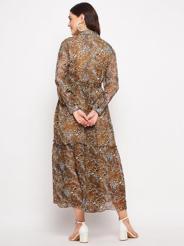 Delan Tiger Print Chiffon Tiered Maxi Dress