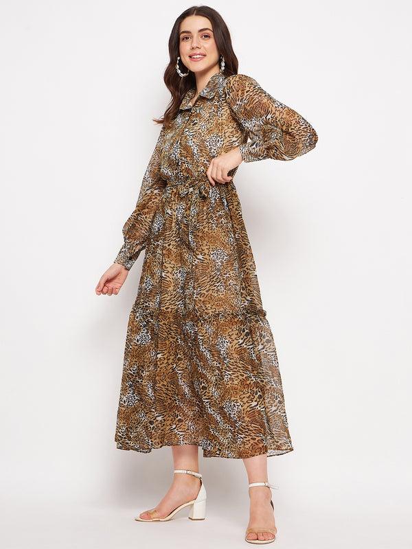 Delan Tiger Print Chiffon Tiered Maxi Dress