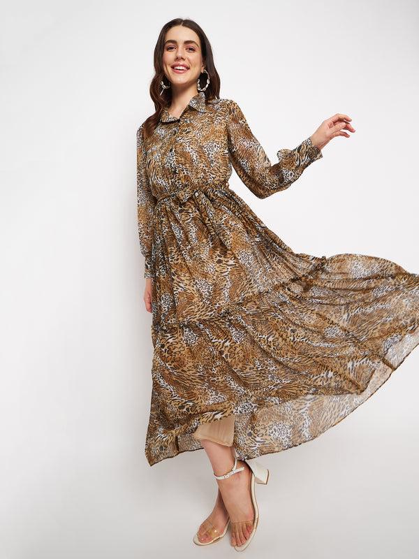 delan Tiger Print Chiffon Tiered Maxi Dress